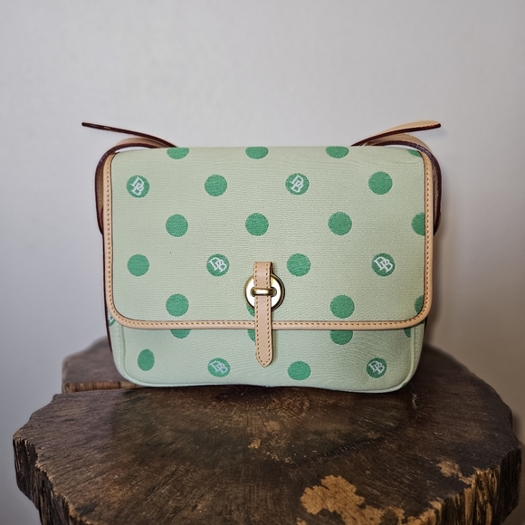 NWT Dooney & Bourke Green Polka Dot Flap Crossbody Canvas Leather Purse - Picture 4 of 14